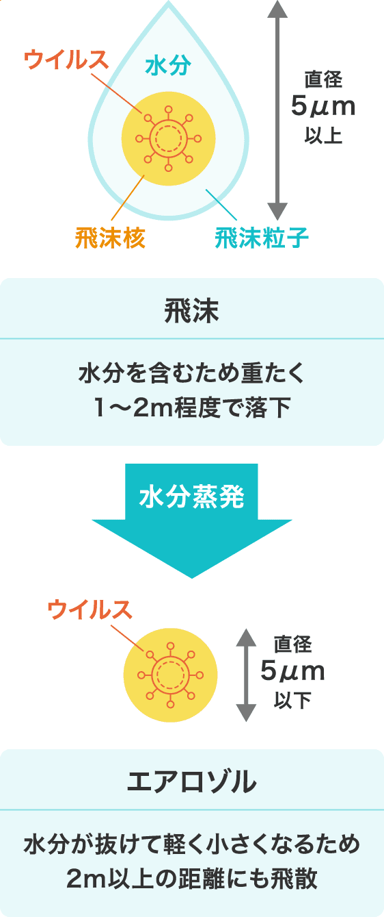 飛沫 水分を含むため重たく1〜2m程度で落下→水分蒸発→エアゾル 水分が抜けて軽く小さくなるため2m以上の距離にも飛散
