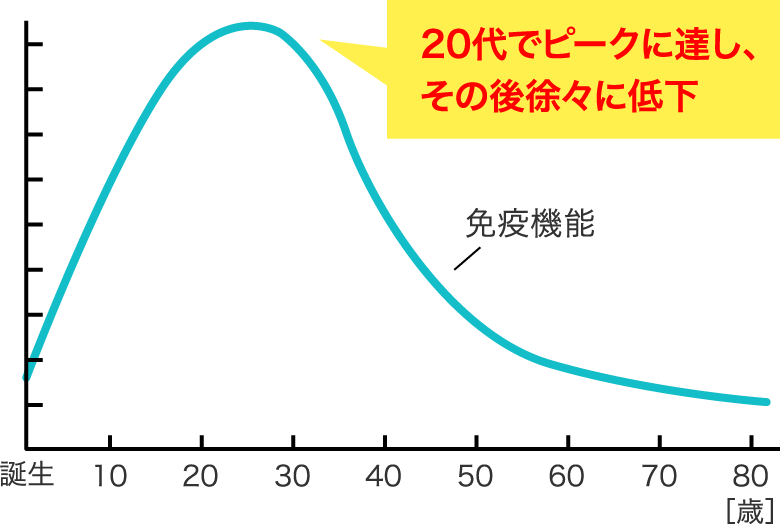 20代でピークに達し、その後徐々に低下