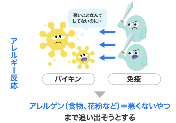 アレルギー反応 アレルゲン（食物、花粉など）＝悪くないやつまで追い出そうとする