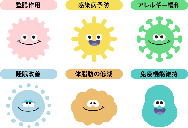 整腸作用／感染病予防／アレルギー緩和／睡眠改善／体脂肪の低減／免疫機能維持